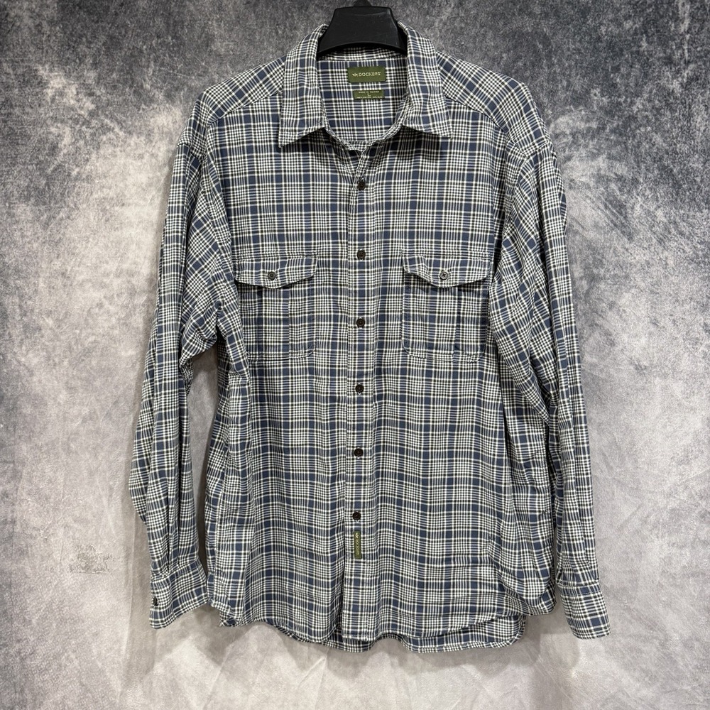 Vintage Dockers Men's Flannel Button Shirt Plaid Blue White L Chest Pockets